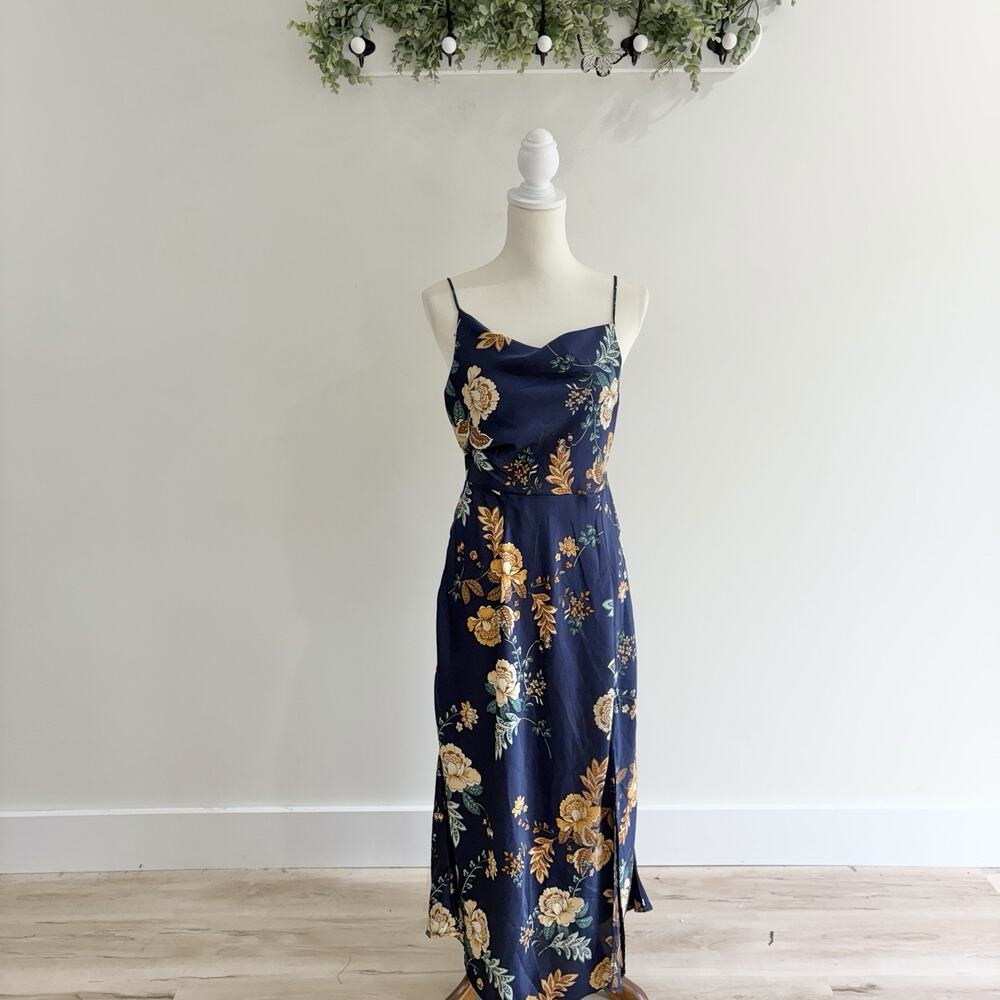 Petal & Pup alejandra cowl neck midi navy floral satin dress 8 AA 5840
